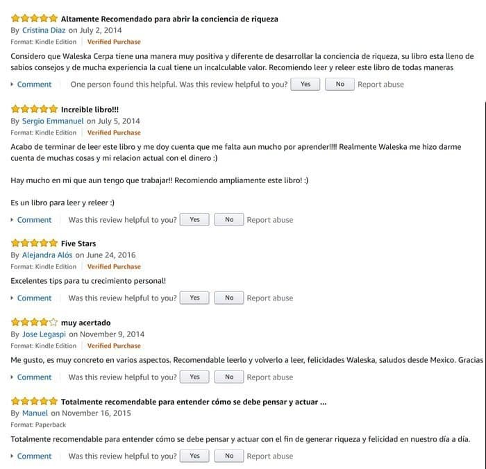Testimonios en Amazon del libro Consciencia de la Riqueza